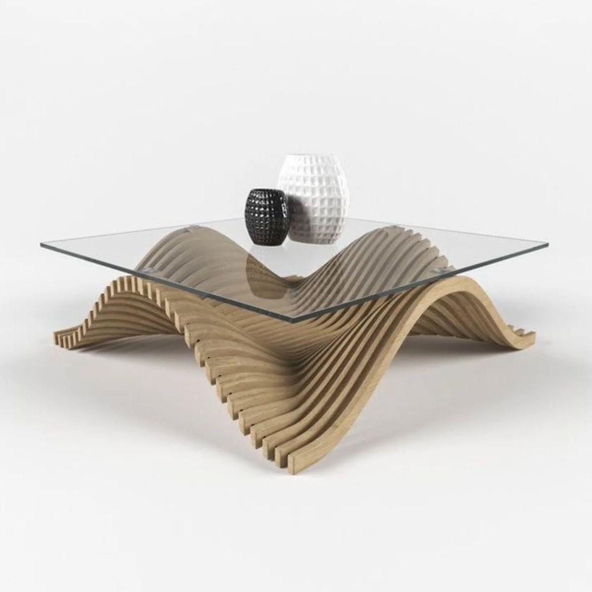 Table basse Wave en chêne massif, plateau verre trempé